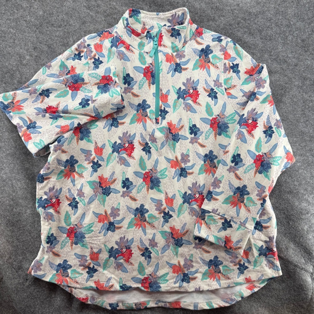 Vera‎ Bradley Pullover Women 2XL White Floral Quarter Zip Tropical Long Sleeve